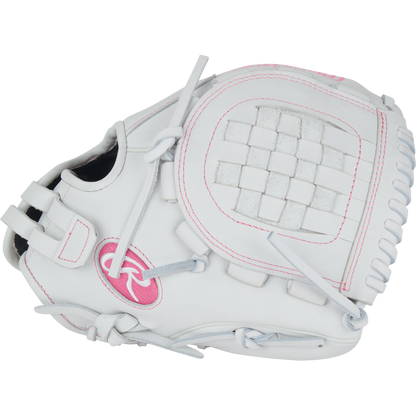 The Rawlings Liberty Advanced 11.5" Fastpitch Softball Glove (RLA115-3WWP) features a white design with pink accents, basket web pattern, and the Rawlings logo—ideal for infielders seeking performance and style.
