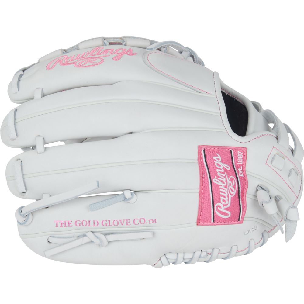 The Rawlings Liberty Advanced 11.5" Fastpitch Softball Glove (RLA115-3WWP) features a white design with pink accents and stitching, plus the Rawlings logo and THE GOLD GLOVE CO. text—ideal for infield play.