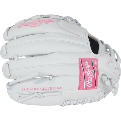 The Rawlings Liberty Advanced 11.5" Fastpitch Softball Glove (RLA115-3WWP) features a white design with pink accents and stitching, plus the Rawlings logo and THE GOLD GLOVE CO. text—ideal for infield play.