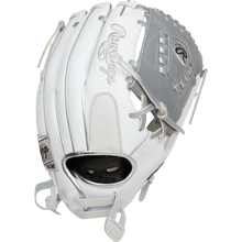 The Rawlings Liberty Advanced 12" Fastpitch Softball Glove (RRLA120-31WSS) features white and light gray colors, detailed stitching, brand logo, and lacing, shown on a plain white background.
