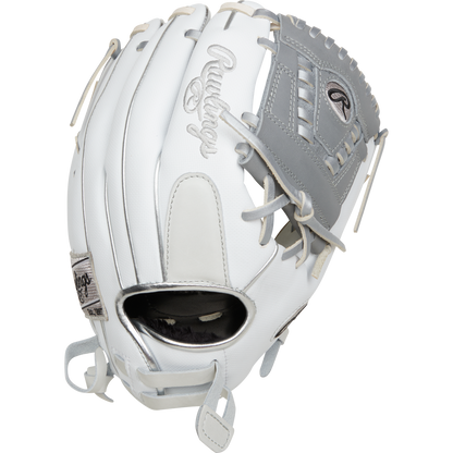 The Rawlings Liberty Advanced 12" Fastpitch Softball Glove (RRLA120-31WSS) features white and light gray colors, detailed stitching, brand logo, and lacing, shown on a plain white background.