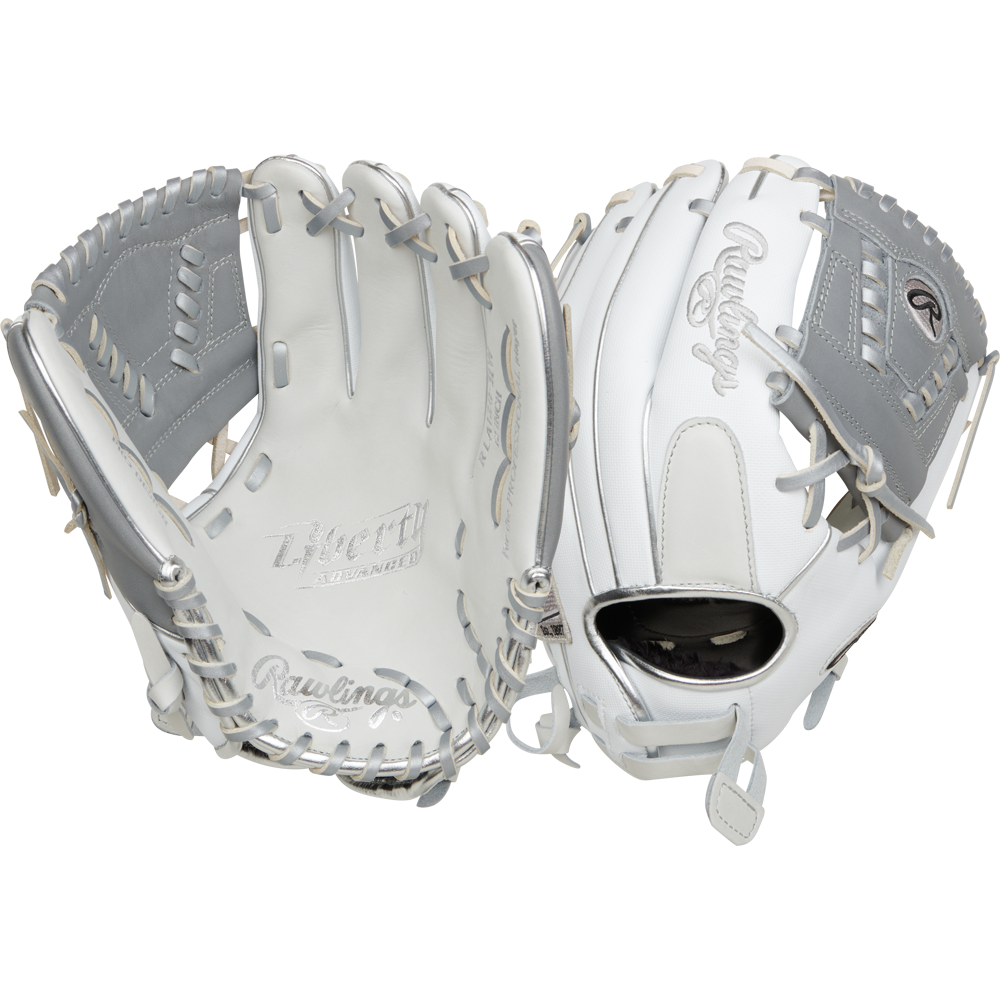 Two Rawlings Liberty Advanced 12" Fastpitch Softball Gloves (model RRLA120-31WSS) are shown side by side, highlighting white and gray colors, detailed stitching, lacing, and both palm and back views.