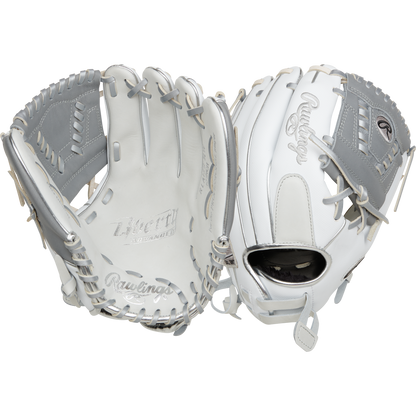Two Rawlings Liberty Advanced 12" Fastpitch Softball Gloves (model RRLA120-31WSS) are shown side by side, highlighting white and gray colors, detailed stitching, lacing, and both palm and back views.