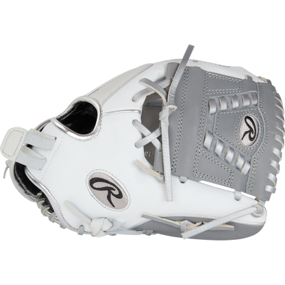 The Rawlings Liberty Advanced 12" Fastpitch Softball Glove (RRLA120-31WSS) features a white and gray design with visible laces and the Rawlings logo, ideal for pitchers or infielders.