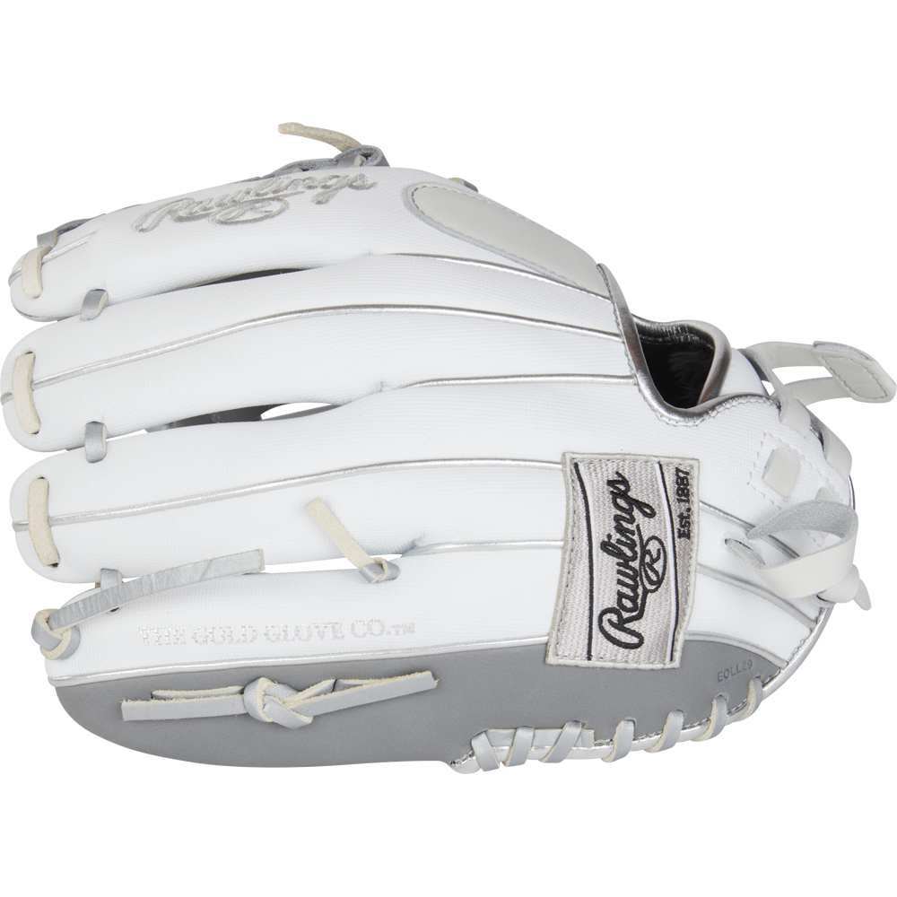 The Rawlings Liberty Advanced 12" Fastpitch Softball Glove (RRLA120-31WSS) features a white and gray design with cream laces, visible Rawlings logo on the wrist strap, and is ideal for pitcher or infield positions.