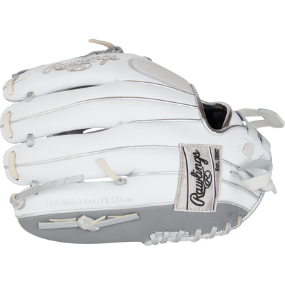The Rawlings Liberty Advanced 12" Fastpitch Softball Glove (RRLA120-31WSS) features a white and gray design with cream laces, visible Rawlings logo on the wrist strap, and is ideal for pitcher or infield positions.