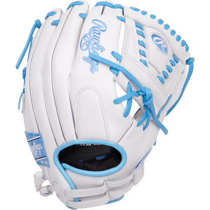 The Rawlings Liberty Advanced 12" Fastpitch Softball Glove (RLA120-31WCB) features a white design with blue accents and stitching, plus bold Rawlings branding—ideal for infield fastpitch players seeking performance and style.