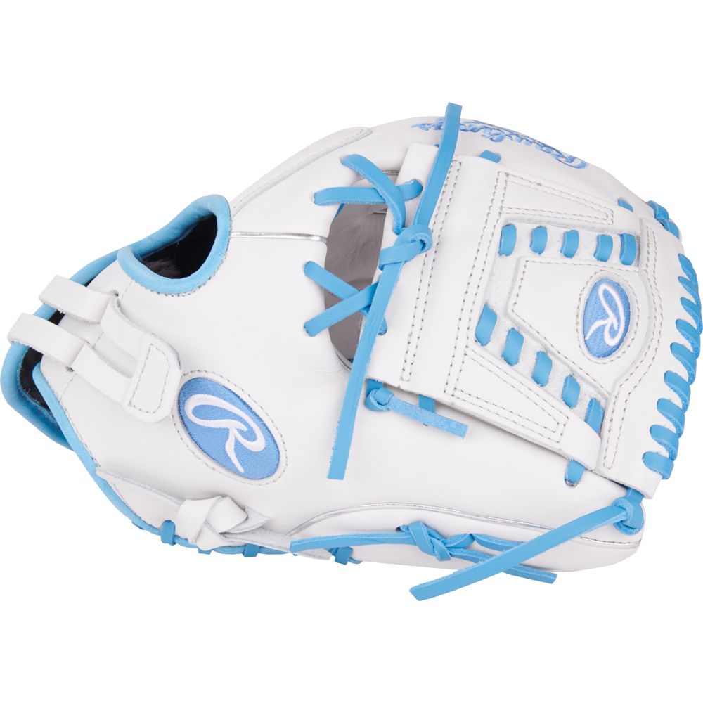 The Rawlings Liberty Advanced 12" Fastpitch Softball Glove (RLA120-31WCB) showcases a white design with blue laces and logos, displayed from the side with its webbing and open hand slot visible.