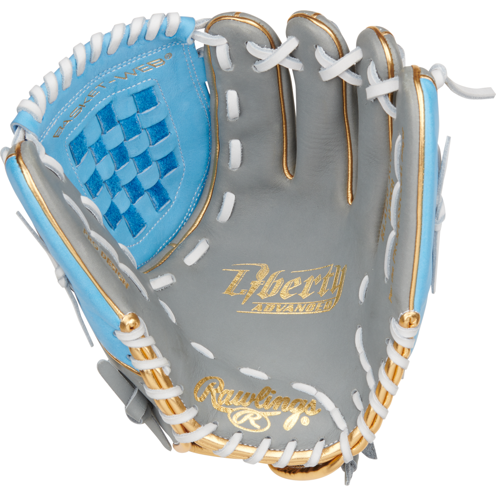 The Rawlings Liberty Advanced Color Sync 12" Fastpitch Softball Glove (RLA120-3GCB) features a gray and light blue design with gold accents, white laces, and basket web—ideal as a fastpitch utility glove.