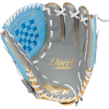 The Rawlings Liberty Advanced Color Sync 12" Fastpitch Softball Glove (RLA120-3GCB) features a gray and light blue design with gold accents, white laces, and basket web—ideal as a fastpitch utility glove.