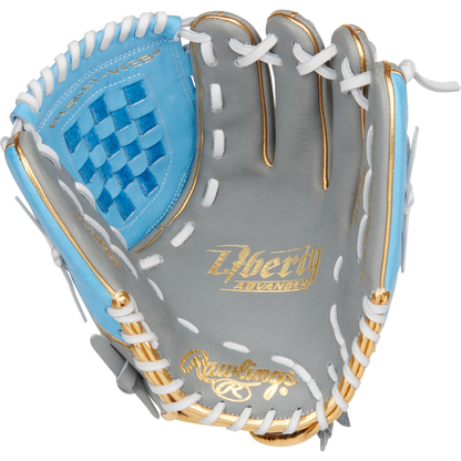 The Rawlings Liberty Advanced Color Sync 12" Fastpitch Softball Glove (RLA120-3GCB) features a gray and light blue design with gold accents, white laces, and basket web—ideal as a fastpitch utility glove.