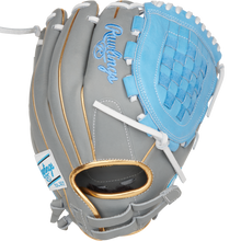 The Rawlings Liberty Advanced Color Sync 12" Fastpitch Softball Glove (RLA120-3GCB) features a gray design with gold accents, light blue detailing, white laces, and basket web—ideal as a versatile fastpitch utility glove.