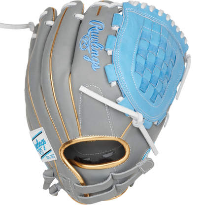 The Rawlings Liberty Advanced Color Sync 12" Fastpitch Softball Glove (RLA120-3GCB) features a gray design with gold accents, light blue detailing, white laces, and basket web—ideal as a versatile fastpitch utility glove.