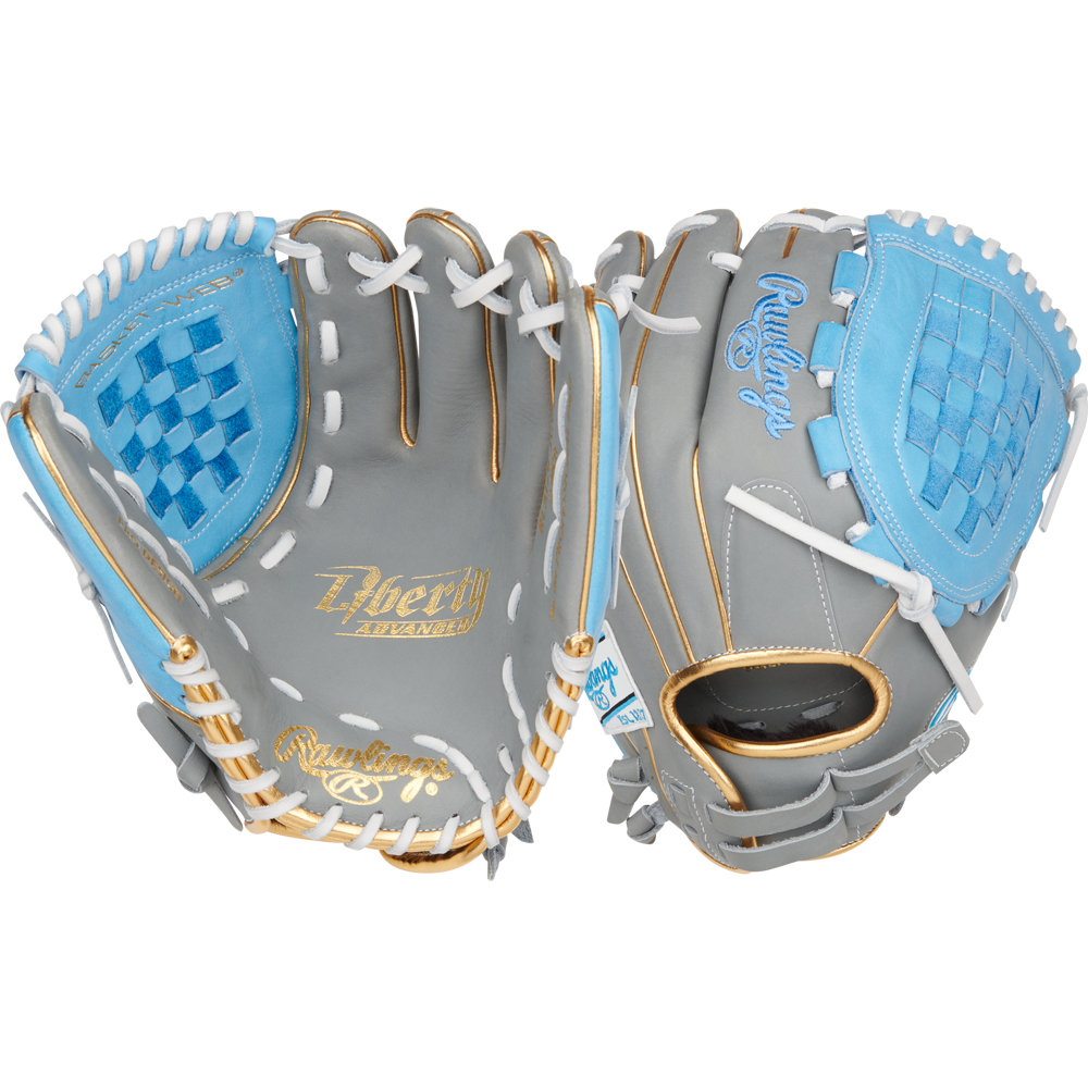 The Rawlings Liberty Advanced Color Sync 12" Fastpitch Softball Glove (RLA120-3GCB) features a gray design with light blue accents, white laces, gold trim, and a woven web—ideal as a versatile utility glove for fastpitch softball.