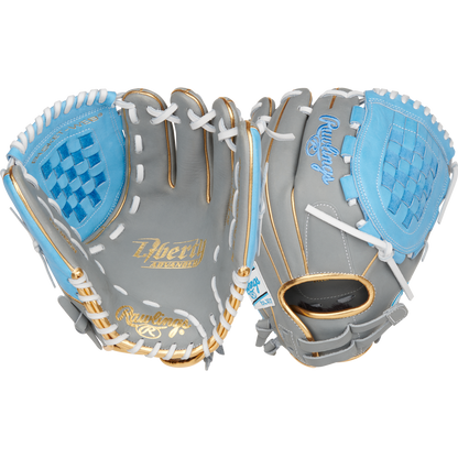 The Rawlings Liberty Advanced Color Sync 12" Fastpitch Softball Glove (RLA120-3GCB) features a gray design with light blue accents, white laces, gold trim, and a woven web—ideal as a versatile utility glove for fastpitch softball.