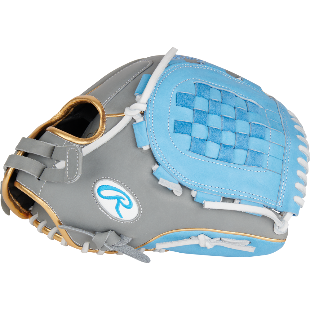 The Rawlings Liberty Advanced Color Sync 12" Fastpitch Softball Glove (RLA120-3GCB) features a gray and light blue design with white laces, gold trim, a woven pocket, and stylized R logo—ideal for fastpitch utility players.