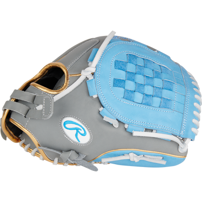The Rawlings Liberty Advanced Color Sync 12" Fastpitch Softball Glove (RLA120-3GCB) features a gray and light blue design with white laces, gold trim, a woven pocket, and stylized R logo—ideal for fastpitch utility players.
