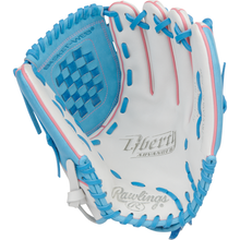The Rawlings Liberty Advanced 12.5" Fastpitch Glove (RLA125-3WCB) is a white glove with blue and pink laces, featuring brand logos on the palm and web, designed for catching in fastpitch softball.