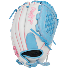 The Rawlings Liberty Advanced 12.5" Fastpitch Glove (RLA125-3WCB) features a white design with light blue and pink accents, blue laces and trim, a pink stitched Rawlings logo, woven web pattern, and pink patch near the wrist.
