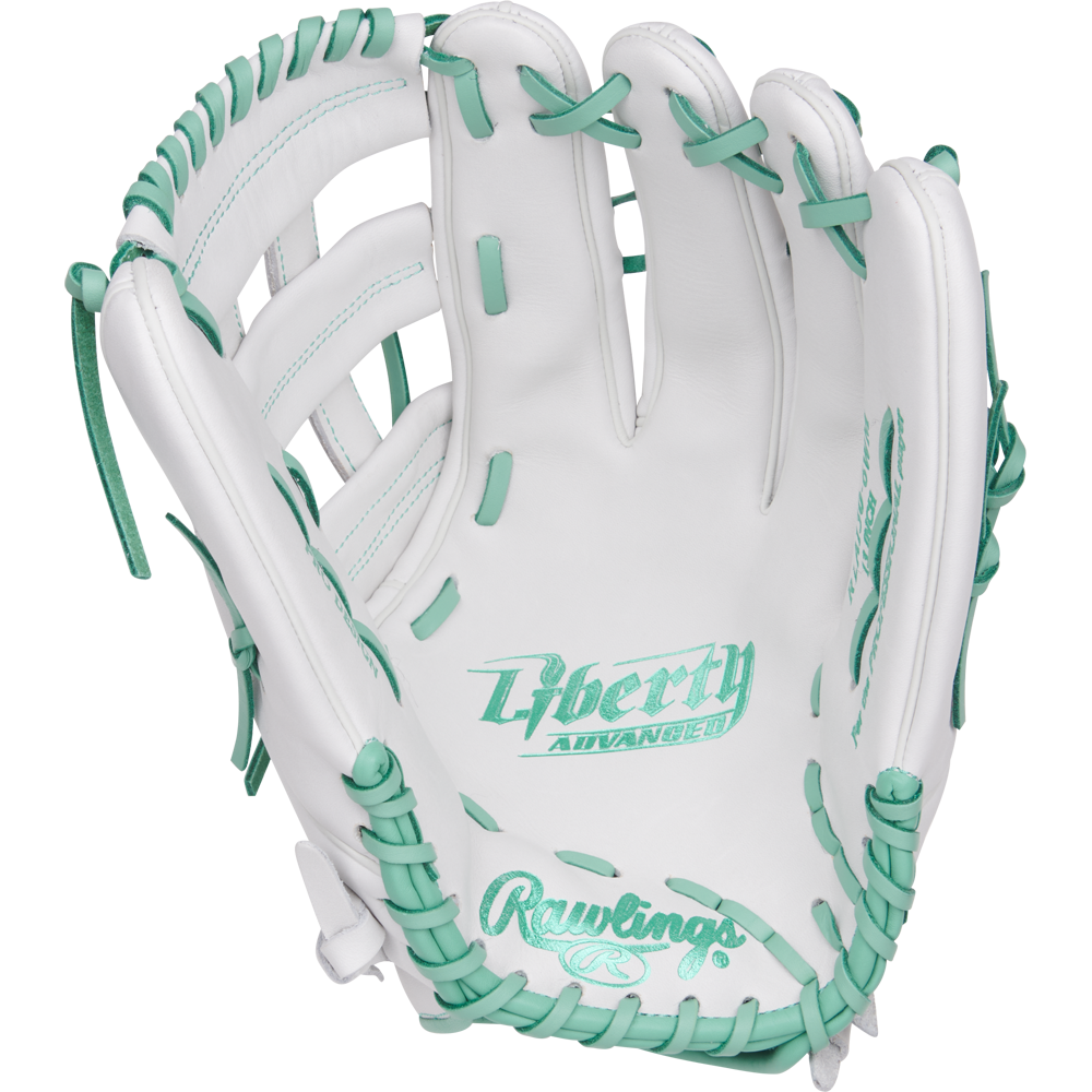 The Rawlings Liberty Advanced 13" Fastpitch Glove (RLA130-6WM) is a white outfield glove with teal lacing and stitching, featuring Liberty Advanced and Rawlings logos on the palm, shown open against a plain white background.
