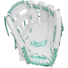 The Rawlings Liberty Advanced 13" Fastpitch Glove (RLA130-6WM) is a white outfield glove with teal lacing and stitching, featuring Liberty Advanced and Rawlings logos on the palm, shown open against a plain white background.