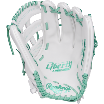 The Rawlings Liberty Advanced 13" Fastpitch Glove (RLA130-6WM) is a white outfield glove with teal lacing and stitching, featuring Liberty Advanced and Rawlings logos on the palm, shown open against a plain white background.