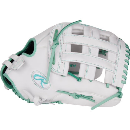 The Rawlings Liberty Advanced 13" Fastpitch Glove (RLA130-6WM) features a white design with teal stitching and laces, an open web, and a stylish R logo—ideal for outfielders seeking top performance.
