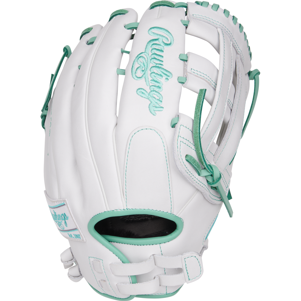 The Rawlings Liberty Advanced 13" Fastpitch Glove (RLA130-6WM) features white leather, teal stitching and laces, plus an embroidered Rawlings logo on the back. This outfield glove is displayed against a plain white background.