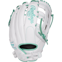 The Rawlings Liberty Advanced 13" Fastpitch Glove (RLA130-6WM) features white leather, teal stitching and laces, plus an embroidered Rawlings logo on the back. This outfield glove is displayed against a plain white background.