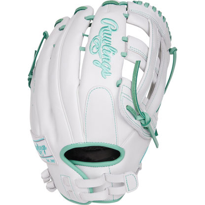 The Rawlings Liberty Advanced 13" Fastpitch Glove (RLA130-6WM) features white leather, teal stitching and laces, plus an embroidered Rawlings logo on the back. This outfield glove is displayed against a plain white background.
