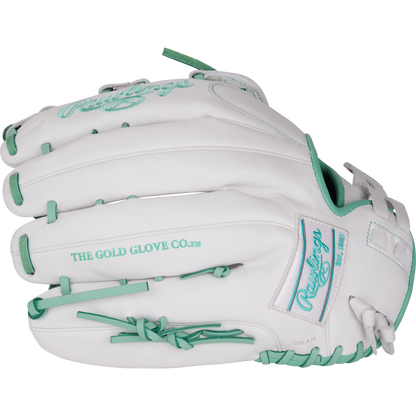 The Rawlings Liberty Advanced 13" Fastpitch Glove (RLA130-6WM) features a white design with teal accents, THE GOLD GLOVE CO. text, and Rawlings branding—ideal for outfielders seeking top performance.