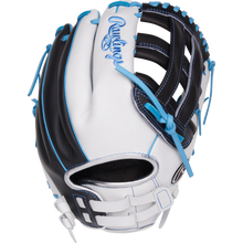 The Rawlings Liberty Advanced 12.25" Fastpitch Softball Glove (RLA207SB-6WSS) features white and black full-grain leather with blue stitching, blue embroidered Rawlings logo on the wrist, and is shown from the back.