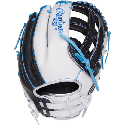 The Rawlings Liberty Advanced 12.25" Fastpitch Softball Glove (RLA207SB-6WSS) features white and black full-grain leather with blue stitching, blue embroidered Rawlings logo on the wrist, and is shown from the back.