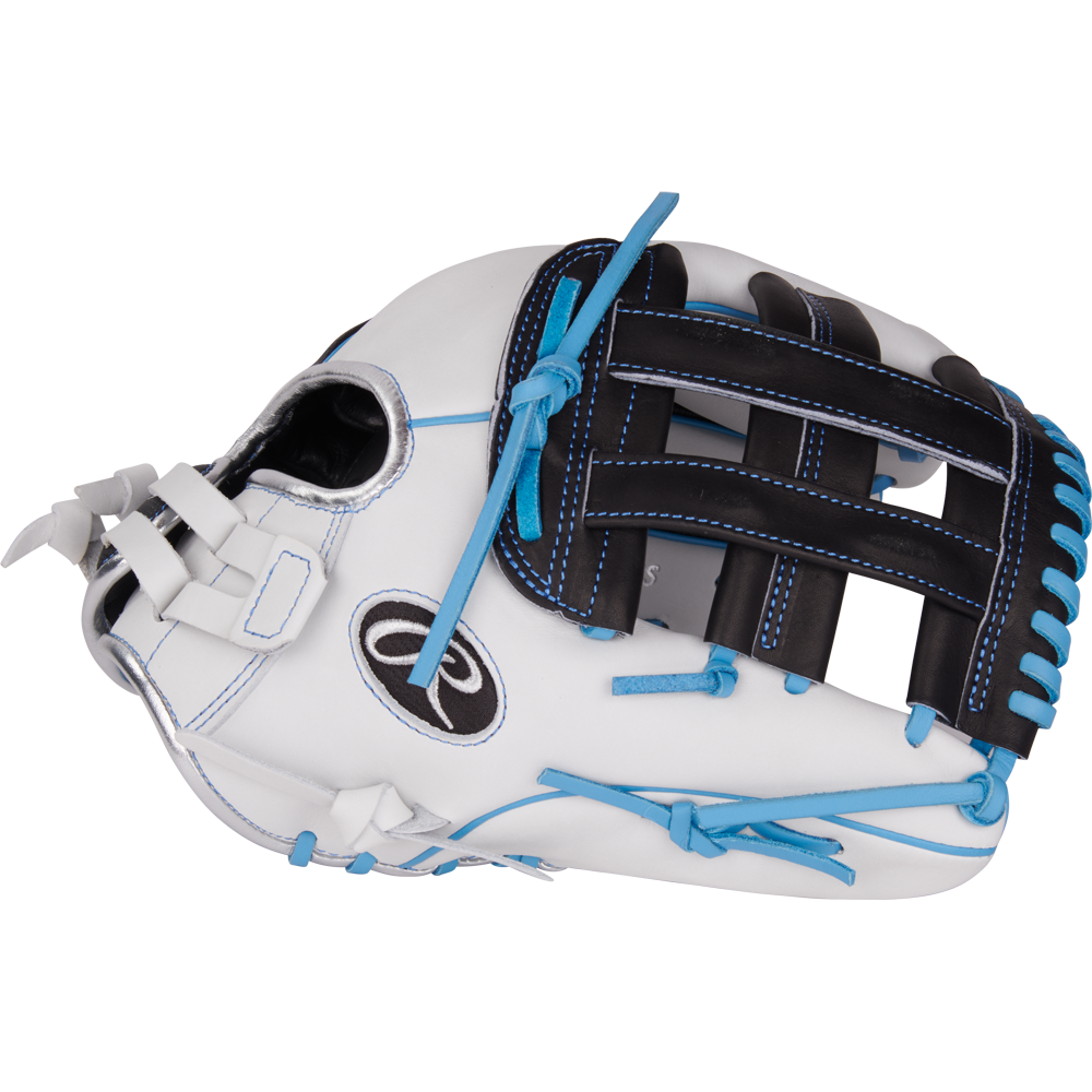 The Rawlings Liberty Advanced 12.25" Fastpitch Softball Glove (RLA207SB-6WSS) features a white and black full-grain leather build, blue stitching and laces, an open web design, and the Rawlings logo on the side.