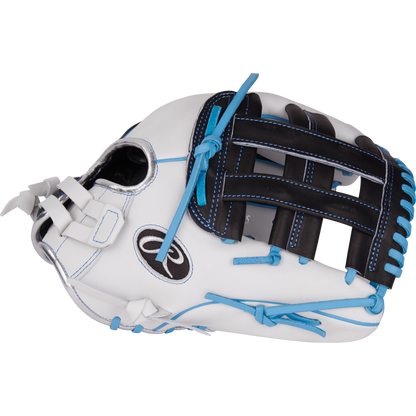 The Rawlings Liberty Advanced 12.25" Fastpitch Softball Glove (RLA207SB-6WSS) features a white and black full-grain leather build, blue stitching and laces, an open web design, and the Rawlings logo on the side.
