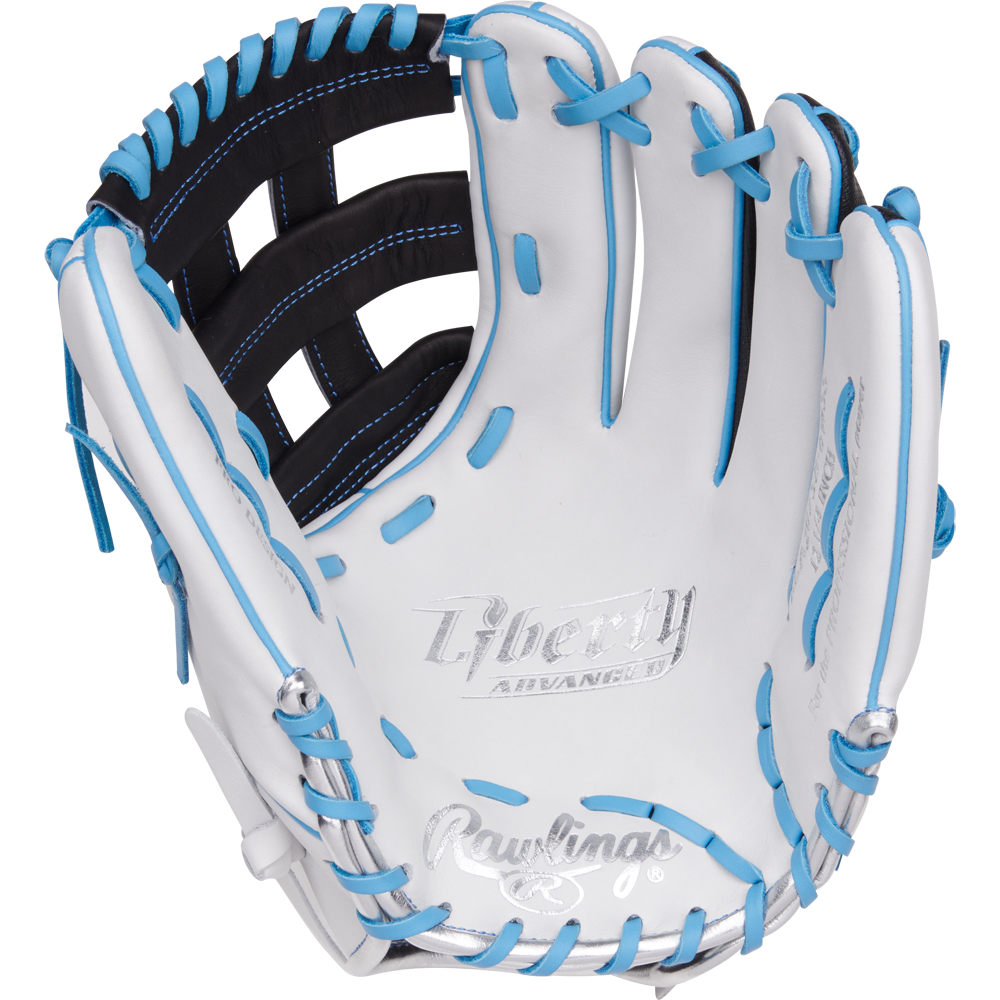 The Rawlings Liberty Advanced 12.25" Fastpitch Softball Glove (RLA207SB-6WSS) features white full-grain leather with blue laces and stitching, Liberty Advanced branding on the palm, and is displayed open against a plain background.