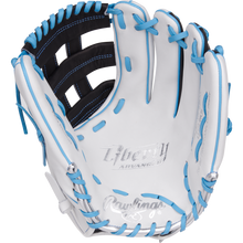 The Rawlings Liberty Advanced 12.25" Fastpitch Softball Glove (RLA207SB-6WSS) features white full-grain leather with blue laces and stitching, Liberty Advanced branding on the palm, and is displayed open against a plain background.