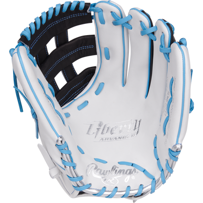 The Rawlings Liberty Advanced 12.25" Fastpitch Softball Glove (RLA207SB-6WSS) features white full-grain leather with blue laces and stitching, Liberty Advanced branding on the palm, and is displayed open against a plain background.