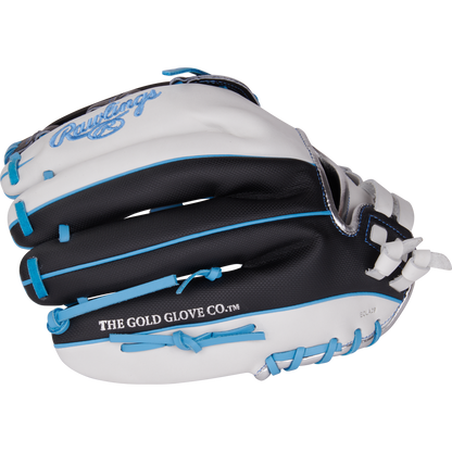 The Rawlings Liberty Advanced 12.25" Fastpitch Softball Glove (RLA207SB-6WSS) is a black and white, full-grain leather glove featuring blue laces, blue accents, and "THE GOLD GLOVE CO.™" text on the side.