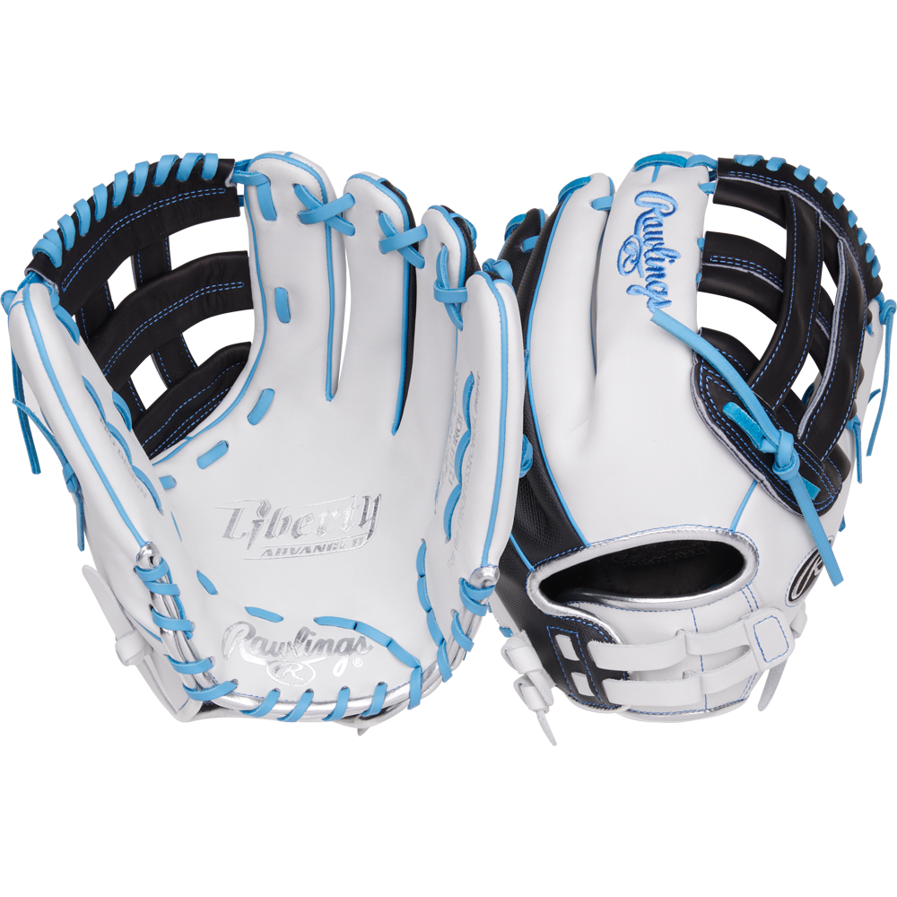 Two Rawlings Liberty Advanced 12.25" Fastpitch Gloves (RLA207SB-6WSS) are shown side by side, displaying palm and backhand sides. These white gloves feature blue and black accents, open web designs, and the Rawlings logo.