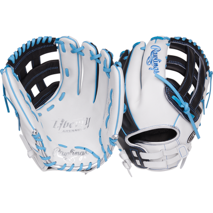 Two Rawlings Liberty Advanced 12.25" Fastpitch Gloves (RLA207SB-6WSS) are shown side by side, displaying palm and backhand sides. These white gloves feature blue and black accents, open web designs, and the Rawlings logo.