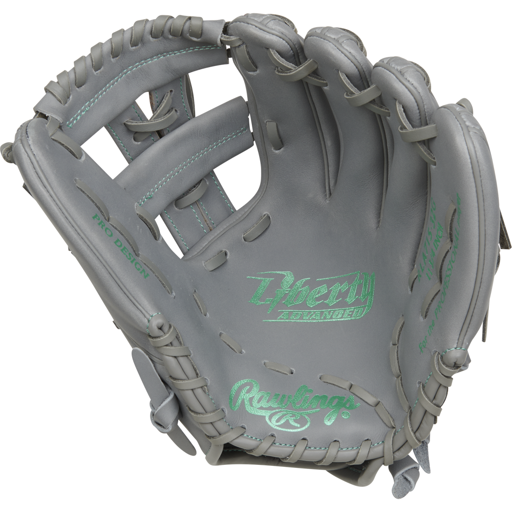 The Rawlings Liberty Advanced 11.75" Fastpitch Softball Glove (RRLA715-32G) features gray full-grain leather, teal stitching on the pocket, webbing, and Pro Design label, all showcased against a white background.