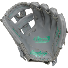 The Rawlings Liberty Advanced 11.75" Fastpitch Softball Glove (RRLA715-32G) features gray full-grain leather, teal stitching on the pocket, webbing, and Pro Design label, all showcased against a white background.