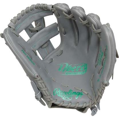 The Rawlings Liberty Advanced 11.75" Fastpitch Softball Glove (RRLA715-32G) features gray full-grain leather, teal stitching on the pocket, webbing, and Pro Design label, all showcased against a white background.