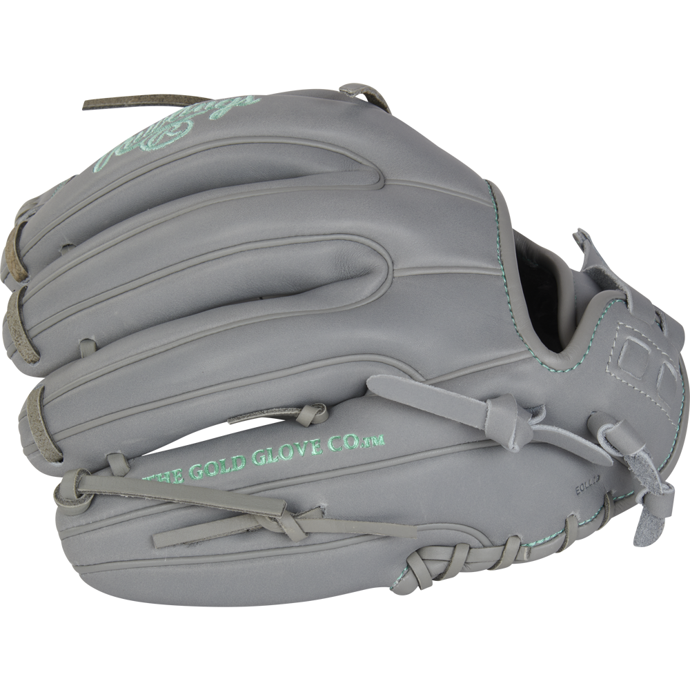 The Rawlings Liberty Advanced 11.75" Fastpitch Softball Glove (RRLA715-32G) features gray full-grain leather, teal stitching, and "THE GOLD GLOVE CO." lettering, showcasing detailed lacing and a professional top-side design.