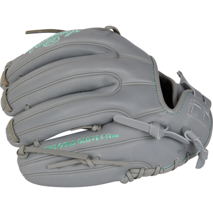 The Rawlings Liberty Advanced 11.75" Fastpitch Softball Glove (RRLA715-32G) features gray full-grain leather, teal stitching, and "THE GOLD GLOVE CO." lettering, showcasing detailed lacing and a professional top-side design.