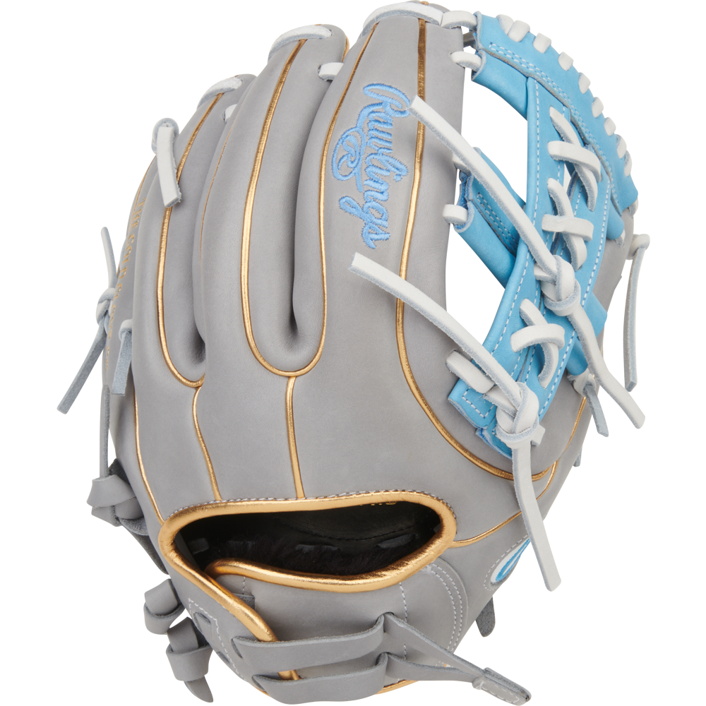 The Rawlings Liberty Advanced 11.75" Fastpitch Softball Glove (RLA715-32GCB) features white and blue stitching, making it ideal for infielders.