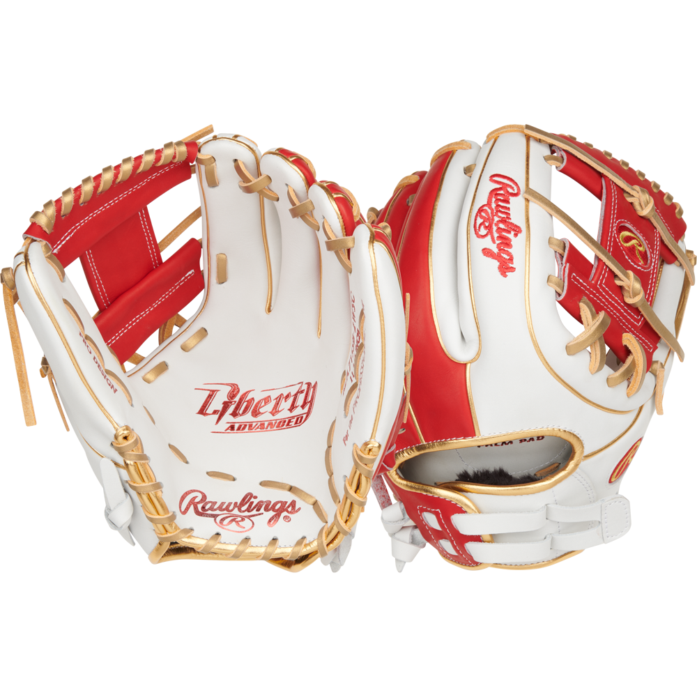 Two Rawlings Liberty Advanced Color Sync 11.75" Fastpitch Softball Gloves (RLA715SB-2WSG) with white, red, and tan laces are displayed side by side to show both the front and back.