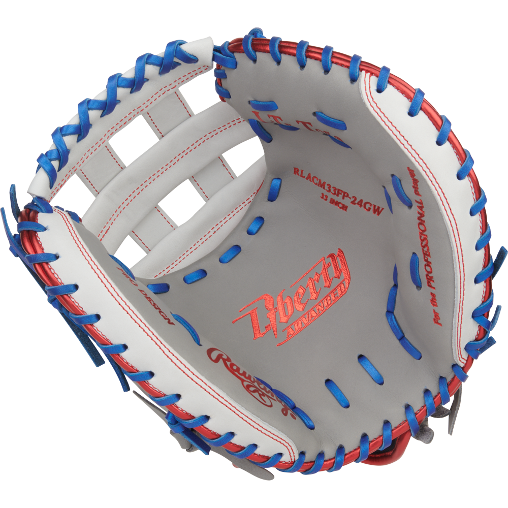 The Rawlings Liberty Advanced 33" Fastpitch Catcher's Mitt (RLACM33FP-24GW) is a white mitt with red stitching, blue laces, "Liberty" in red inside, and distinct Rawlings branding.