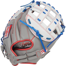 The Rawlings Liberty Advanced 33" Fastpitch Catcher's Mitt (RLACM33FP-24GW) features a gray and white design with blue laces, red stitching, a webbed pocket, and branded leather details for catching fastpitch balls.